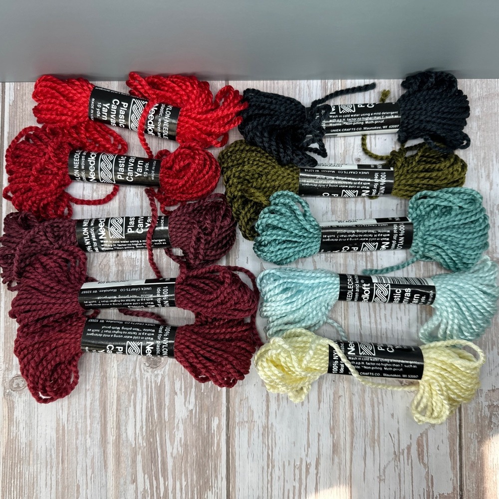 Lot Of 10 Needloft Plastic Canvas Yarn - 10 yards - Various Colors